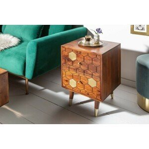 Estila Masivní příruční stolek Roslin z akáciového dřeva hnědé barvě se zlatými prvky a dvěma zásuvkami 55cm