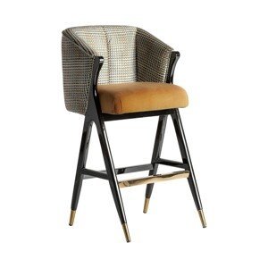 Estila Art-deco luxusní barová židle Brilon v hořčičný potahu se vzorem na vysokých dřevěných nohách 107cm