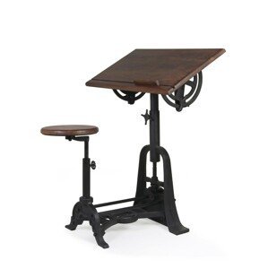 Estila Industriální designový rýsovací stůl s taburetem HIERRO z masivního mangového dřeva s kovovou konstrukcí 80cm