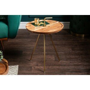 Estila Art-deco kruhový příruční stolek Gedling z masivního akátového dřeva se zlatým úchytem 41cm