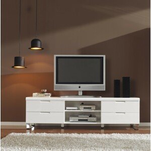 Estila Designový obdélníkový TV stolek Henning v lesklém bílém provedení se stříbrnými nožičkami 180cm