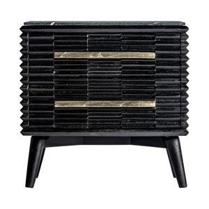 Estila Luxusní art-deco noční stolek Plissé Nero v černém provedení z masivního dřeva s mramorovou vrchní deskou 65cm