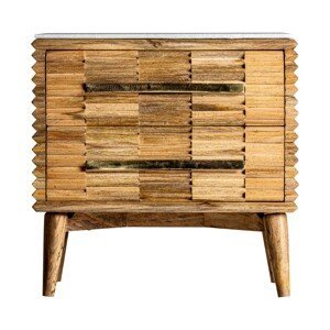 Estila Mramorový noční stolek Plissé Nature a masivního dřeva v naturální hnědé barvě se zásuvkami a zlatými rukojeťmi 65cm