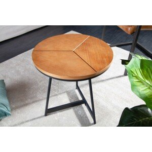 Estila Industriální nadčasový kulatý příruční stolek Carvallo s vrchní deskou s dubovým vzhledem 45cm
