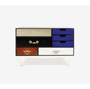 Estila Luxusní moderní noční stolek Mondrian s bíle lakovaným rámem z masivního dřeva a různobarevnými zásuvkami 85 cm