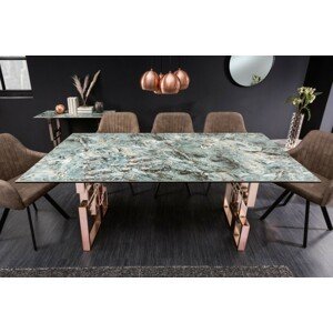 Estila Art-deco obdélníkový jídelný stůl Ariana s tyrkysově modrou vrchní deskou s mramorovým vzhledem a růžovou podstavou 200cm