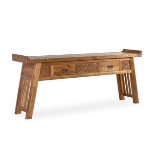 Estila Koloniální konzolový stolek Talia z exoticky působícího dřeva a lesklou povrchovou úpravou se dvěma zásuvkami 200cm