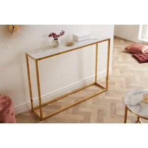 Estila Moderní konzolový stolek Gold Marbleux s vrchní deskou v provedení bílý mramor s kovovou podstavou ve zlaté barvě 81cm