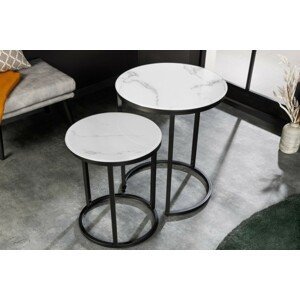 Estila Designový kulatý set příručních stolků Industria Marbleux v moderním stylu v provedení bílý mramor 60cm