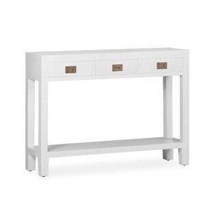 Estila Klasický konzolový stolek Blanc z masivního dřeva mindi s bílou povrchovou úpravou a se třemi zásuvkami 110cm