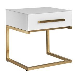 Estila Art-deco bílý noční stolek Flara v matném skleněném provedení se šuplíkem a kovovými nožičkami ve zlaté barvě 51cm