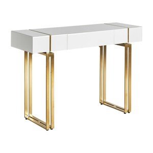 Estila Art deco luxusní konzolový stolek Bynum bílý se skleněnou deskou a kovovými nožičkami ve zlaté barvě 120cm