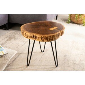 Estila Industriální kulatý příruční stolek Terra z masivního akáciového dřeva s černýma nohama z kovu 40cm