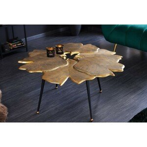 Estila Art deco konferenční stolek Ginko zlaté barvy ve tvaru listů s černými nožičkami z kovu 90cm
