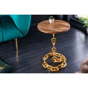 Estila Designový kulatý příruční stolek Belime Gold s ozdobnou zlatou konstrukcí z kovu a mangovou vrchní deskou 54cm