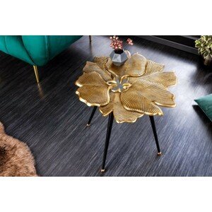 Estila Glamour designový konferenční stolek Ginko ve zlatém provedení ve tvaru listů jinanu s černými nožičkami 50cm