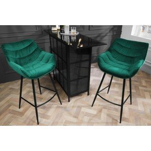 Estila Designová moderní barová židle Kotor se smaragdově zeleným sametovým čalouněním a černýma nohama z kovu 105cm