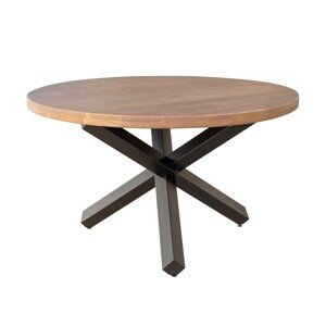 Estila Industriální kulatý jídelní stůl Delia z hnědého akáciového dřeva s černýma kovovými nohami 130cm