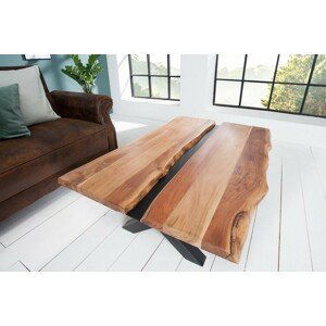 Estila Masivní konferenční stolek Amazonas z akáciového dřeva s překříženýma černýma nohama z kovu 120cm
