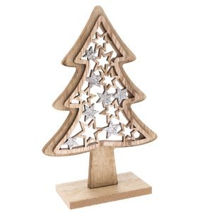Vánoční dřevěná dekorace Stromek, 10 x 15,5 x 4 cm, stříbrná