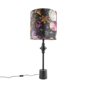 Stolní lampa černý sametový odstín květinový design 40 cm - Diverso