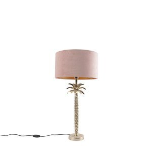Art deco stolní lampa zlatá se sametově růžovým odstínem 35 cm - Areka