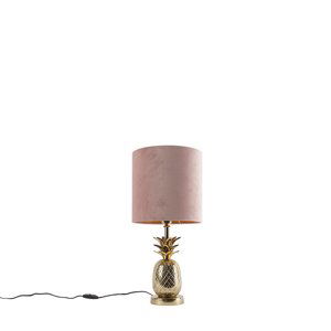 Botanická stolní lampa zlatá se sametovým odstínem růžová 25 cm - tropická