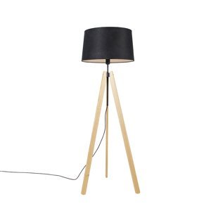 Moderní stojací lampa dřevěné lněné stínidlo černé 45 cm stativ - Telu