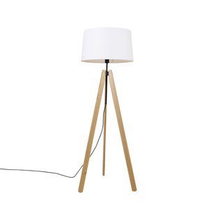 Moderní stojací lampa dřevěné lněné stínidlo bílý 45 cm stativ - Telu