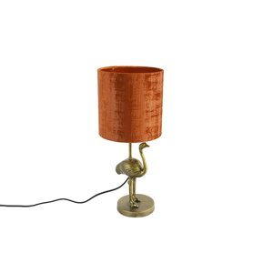 Vintage stolní lampa zlatá látka odstín červená - pštros