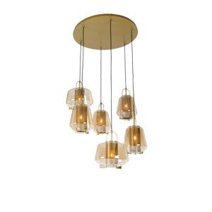 Art deco hanglamp goud met amber glas 6-lichts - Kevin