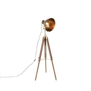 Industriële tripod vloerlamp brons met hout - Mangoes
