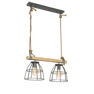 Industriële hanglamp zwart met hout 2-lichts - Arthur