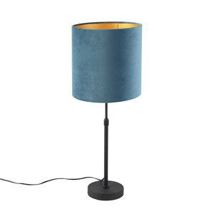 Stolní lampa černá s velurovým odstínem modrá se zlatem 25 cm - Parte