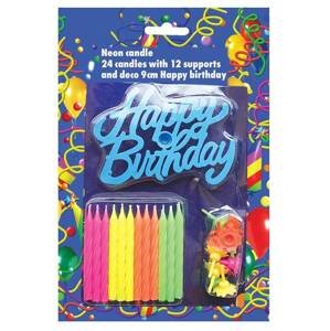 Svíčky na dort 24ks neonové s nápisem Happy Birthday - Alvarak