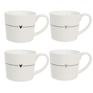 Set 4 bílých keramických hrnků s černým srdíčkem Heart – 300 ml