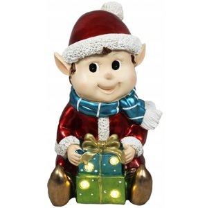 German Vánoční dekorace sedící elf s dárky / 34 cm / LED osvětlení / pryskyřice