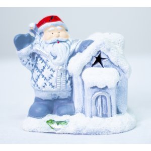 Vánoční keramická dekorace Santa se svítícím domečkem DUE ESSE / 13 cm / modrá