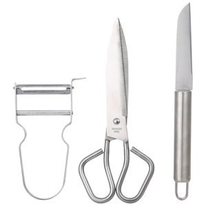 3dílná sada kuchyňského náčiní Bergner / škrabka / nůžky / nůž na ovoce / nerezová ocel / stříbrná