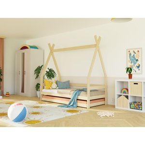 Benlemi Dětská dřevěná postel SAFE 5v1 ve tvaru teepee se zábranou a přistýlkou Zvolte barvu: Béžová, Zvolte rozměr: 90x160 cm, Zvolte zábranu: S ote…
