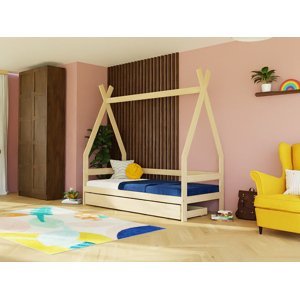 Benlemi Dětská dřevěná postel SAFE 5v1 ve tvaru teepee se zábranou a úložným šuplíkem Zvolte barvu: Cihlová, Zvolte rozměr: 90x160 cm, Zvolte zábranu…