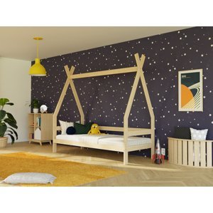 Benlemi Dětská dřevěná postel SAFE 5v1 ve tvaru teepee se zábranou Zvolte barvu: Světle modrá, Zvolte rozměr: 90x160 cm, Zvolte zábranu: S otevřeným …