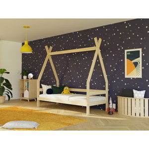 Benlemi Dětská dřevěná postel SAFE 5v1 ve tvaru teepee se zábranou Zvolte barvu: Světle modrá, Zvolte rozměr: 90x180 cm, Zvolte zábranu: S otevřeným …