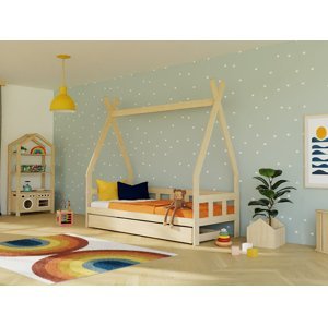 Benlemi Dětská teepee postel FENCE 4v1 ze dřeva se zábranou a úložným šuplíkem Zvolte barvu: Bílá, Zvolte rozměr: 90x160 cm, Zvolte zábranu: S otevře…