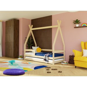 Benlemi Dětská dřevěná postel SAFE 5v1 ve tvaru teepee se zábranou a přistýlkou Zvolte barvu: Béžová, Zvolte rozměr: 90x160 cm, Zvolte zábranu: S jed…