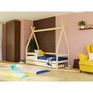 Benlemi Dětská dřevěná postel SAFE 5v1 ve tvaru teepee se zábranou a úložným šuplíkem Zvolte barvu: Námořnická modrá, Zvolte rozměr: 90x160 cm, Zvolt…