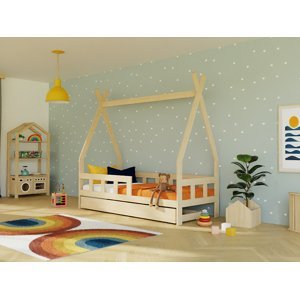 Benlemi Dětská teepee postel FENCE 4v1 ze dřeva se zábranou a úložným šuplíkem Zvolte barvu: Bílá, Zvolte rozměr: 90x160 cm, Zvolte zábranu: S jednou…