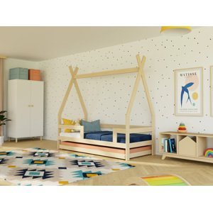 Benlemi Dětská dřevěná postel SAFE 5v1 ve tvaru teepee se zábranou a přistýlkou Zvolte barvu: Béžová, Zvolte rozměr: 90x160 cm, Zvolte zábranu: Se dv…