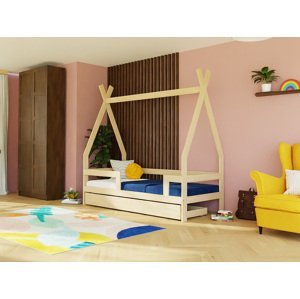 Benlemi Dětská dřevěná postel SAFE 5v1 ve tvaru teepee se zábranou a úložným šuplíkem Zvolte barvu: Cihlová, Zvolte rozměr: 90x180 cm, Zvolte zábranu…
