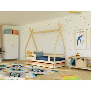 Benlemi Dětská dřevěná postel SAFE 5v1 ve tvaru teepee se zábranou a přistýlkou Zvolte barvu: Pastelově růžová, Zvolte rozměr: 90x180 cm, Zvolte zábr…